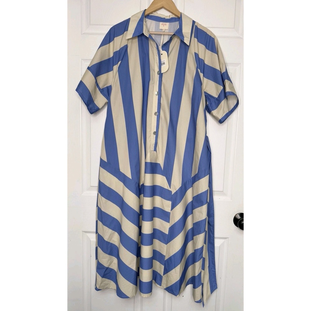 Plenty Anthropologie Womens XL  Blue White Striped Maxi Shirt Dress NWT Classic